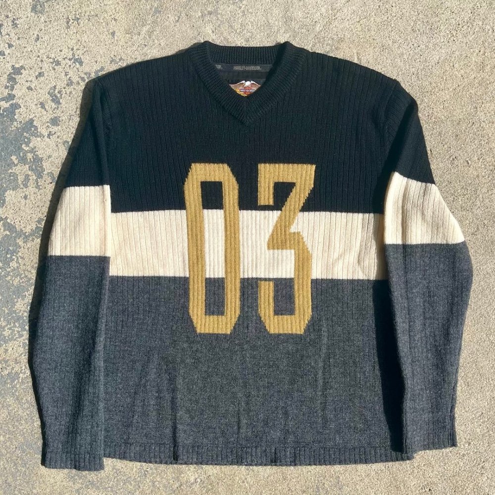 Men’s Harley‑Davidson 100% Wool V‑Neck Sweater – Vintage Racing Style (EUC)